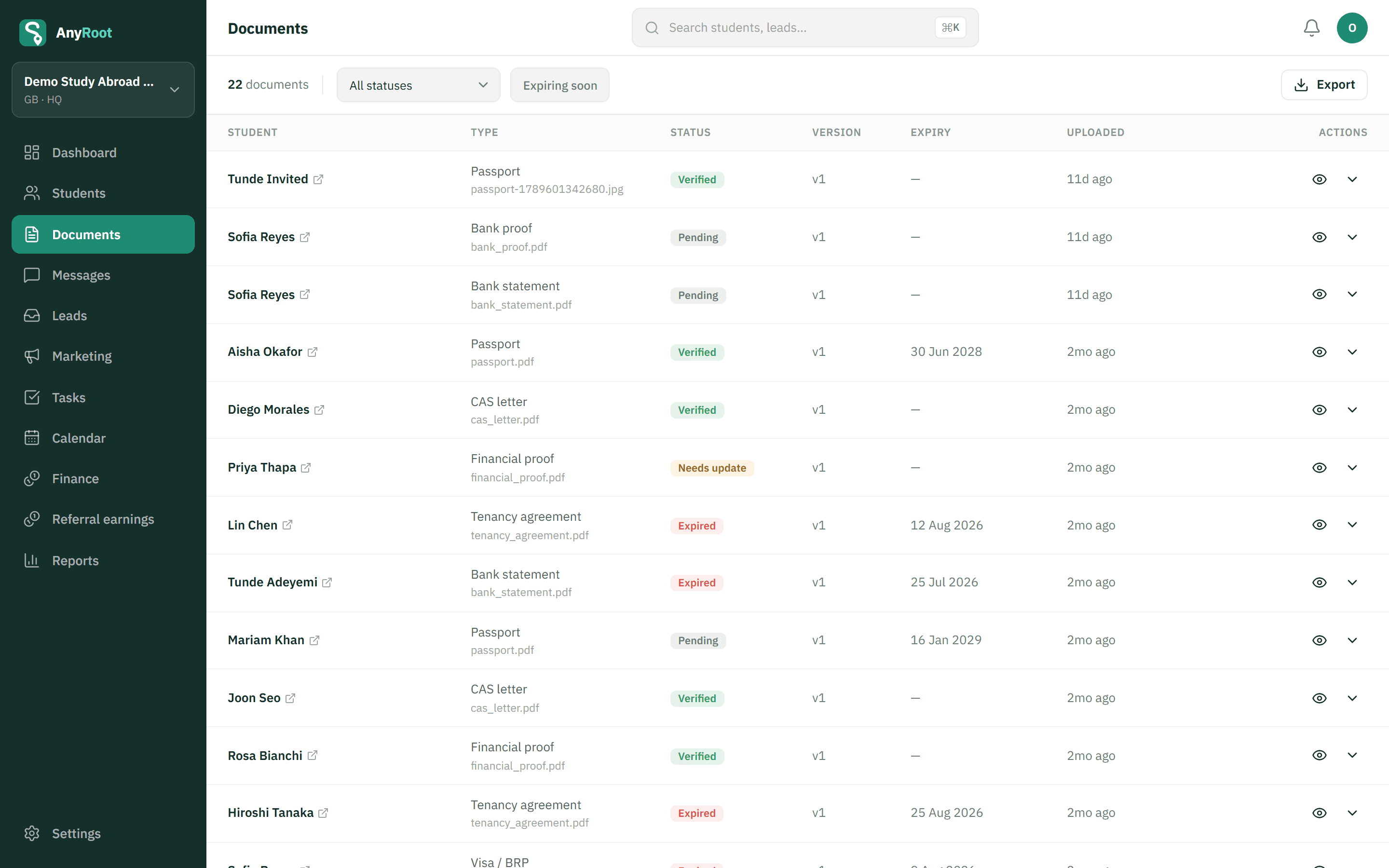 The AnyRoot documents view: passports, bank proofs and CAS letters with verified, pending, needs-update and expired statuses
